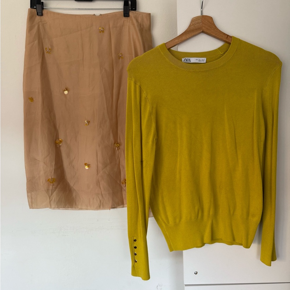 Sold as a set—-Zara Tan Skirt with Floral Accents with sweater by Zara